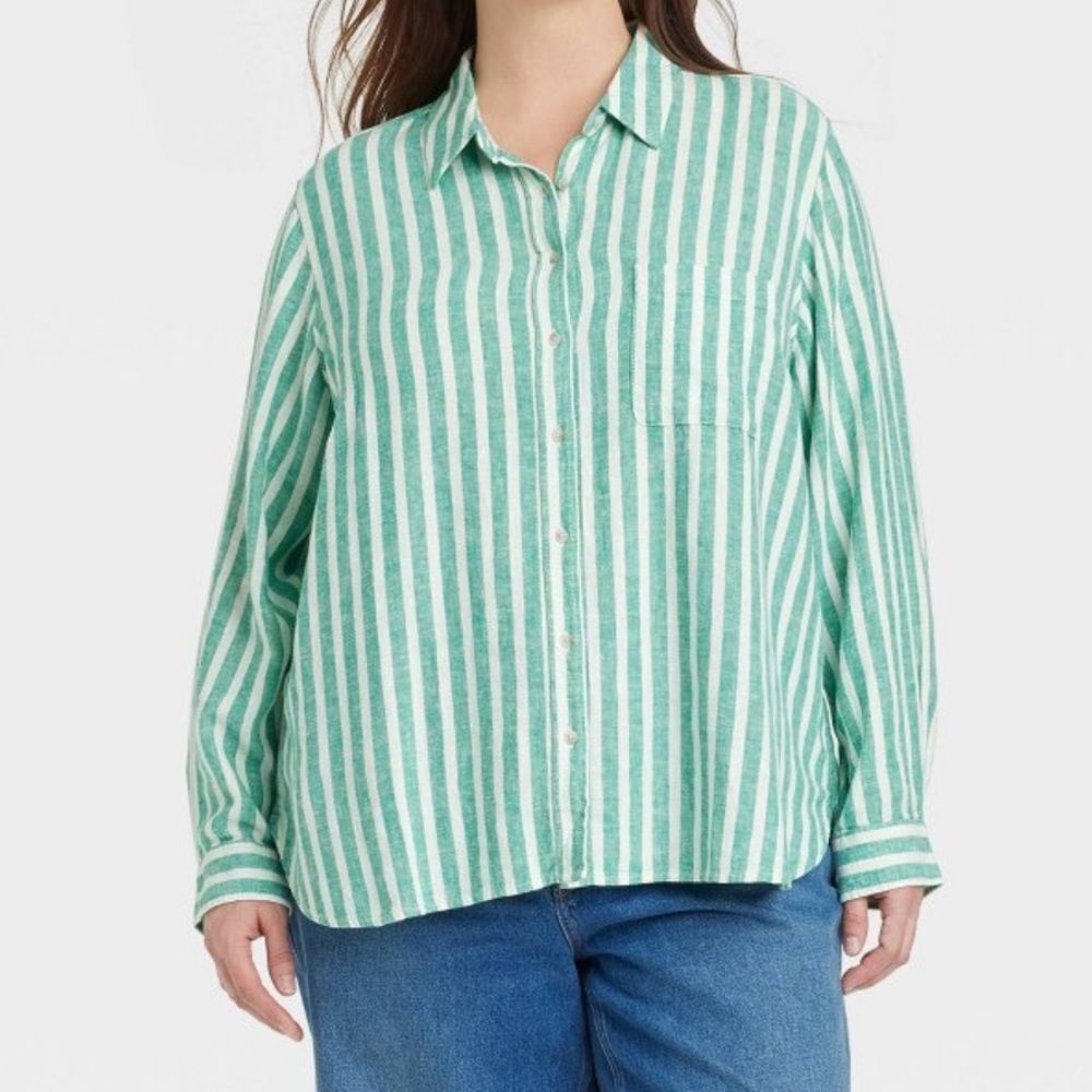 Universal Thread XL Green White Striped Relaxed fit button down Linen